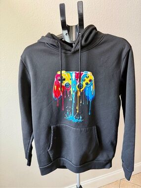 Black Crewneck Hoodie with Multicolor Dripping Game Controller Graphic